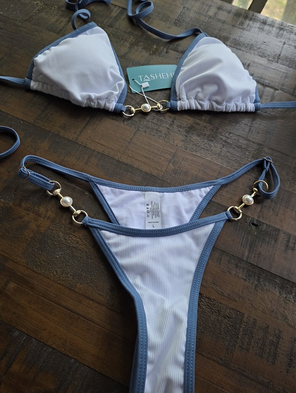 Blue & White Ribbed Triangle Bikini with Pearl-Accent Hardware